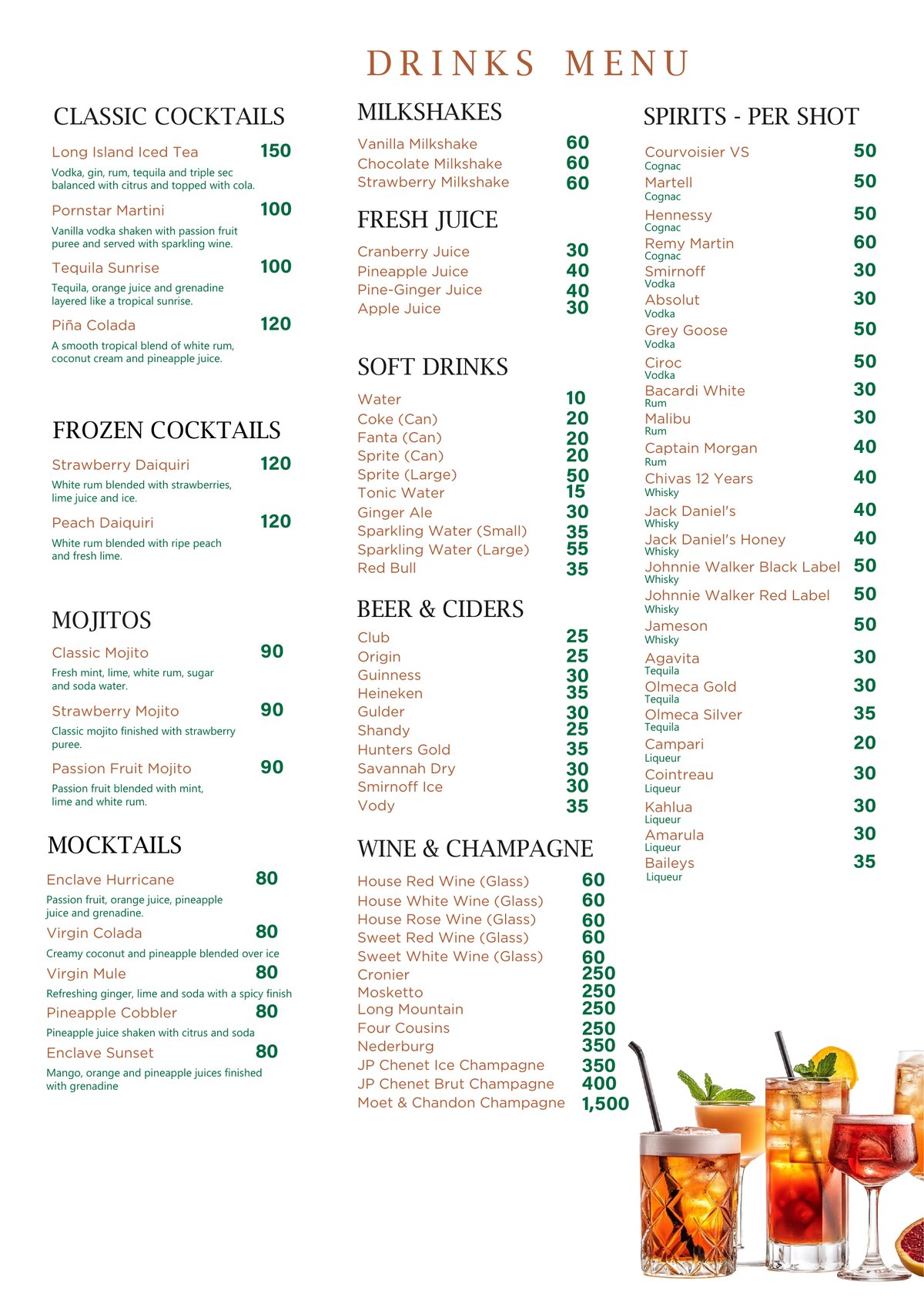 Enclave Bistro drinks, cocktails, wine, beer and spirits menu